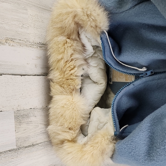 RARE Vintage Hudson's Bay Company 100% pure virgin wool blue coat fur trim MED - Picture 5 of 13